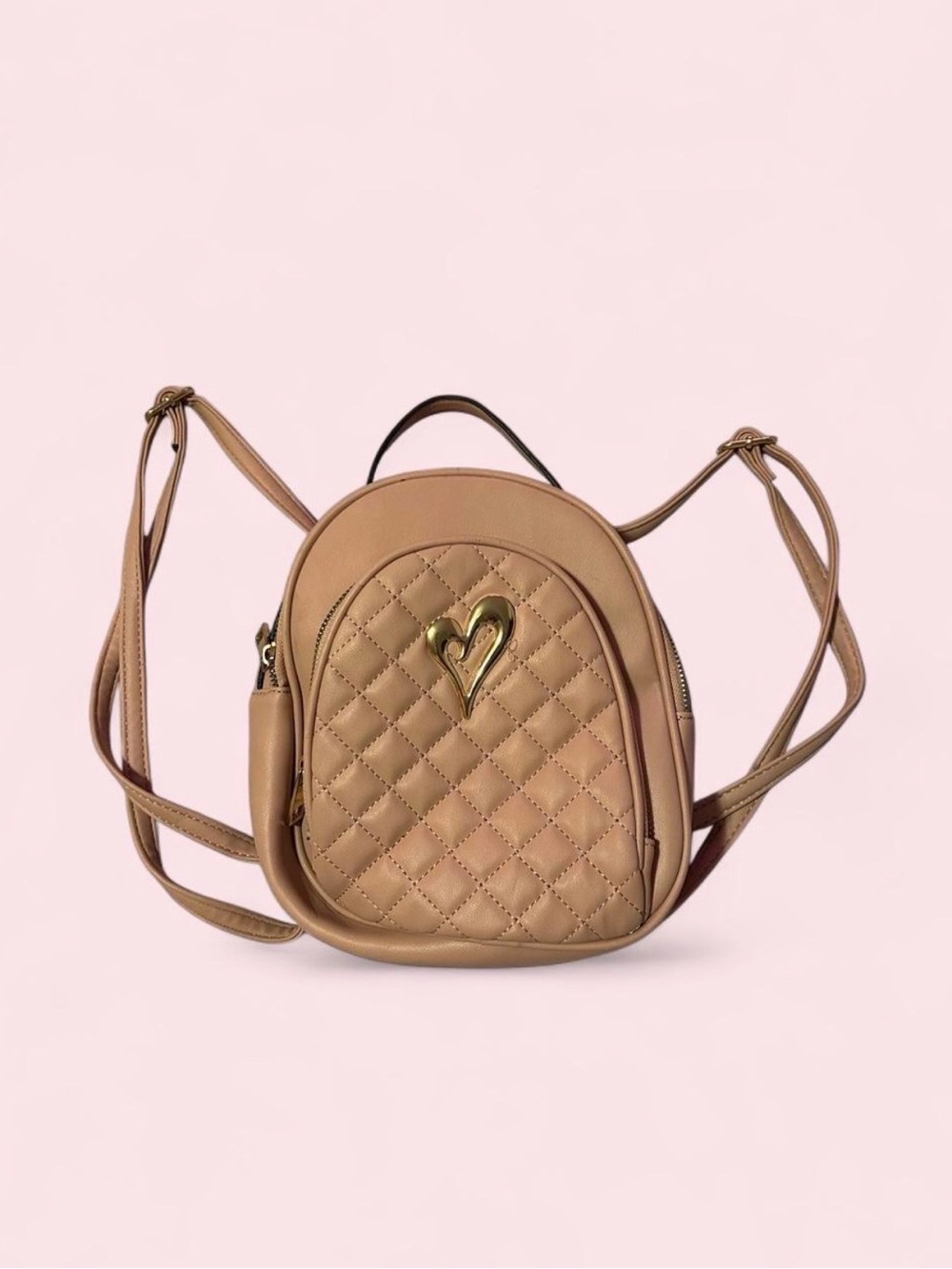 Quilted pink Mini Backpack with Gold Heart Detail